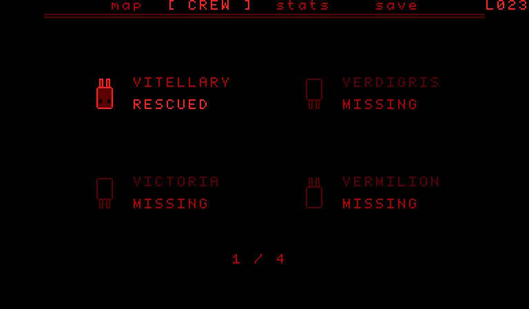 Pause menu, CREW tab, room L023: Vitellary rescued, a small bright crewmate with eyes, upside down; Verdigris, Victoria and Vermilion missing, dim outlines without eyes; 1 / 4