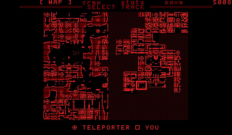 Pause menu, MAP tab in the Space Station room SELECT TRACK: the explored rooms drawn over the fog, teleporters and YOU marked