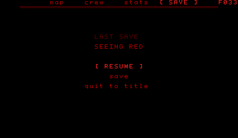 Pause menu, SAVE tab: last save SEEING RED; resume, save, quit to title