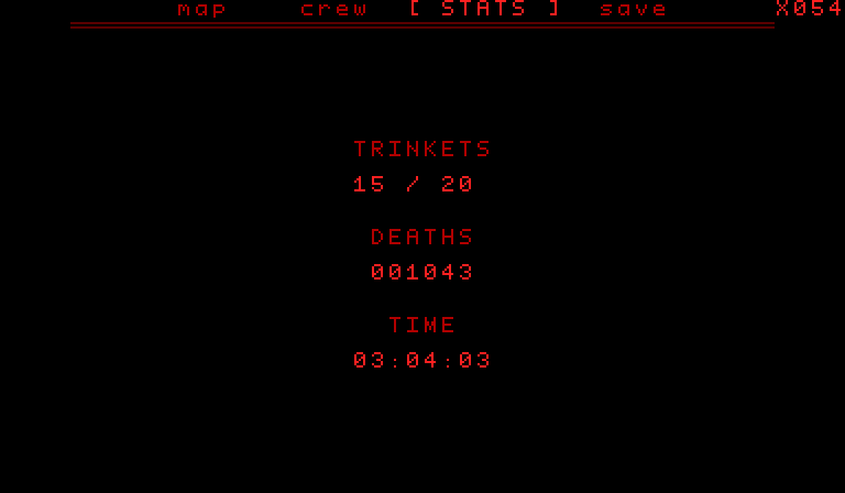 Pause menu, STATS tab: trinkets 15 / 20, deaths 001043, time 03:04:03