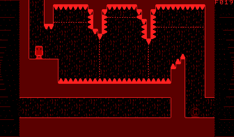 Final Level, room F019: the captain on a ledge, dotted gravity lines crossing above a pit lined with spikes