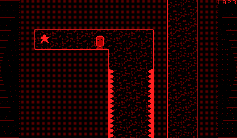 Laboratory, room L023: the captain on a ledge, a shiny trinket at the far end of it, a shaft lined with spikes below